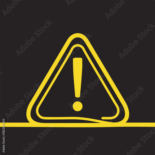 Caution symbol displays yellow exclamation mark in triangle on black backdrop. Caution symbol means attention to safety and preventing risks or warning for potential issue.