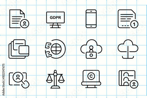 Data privacy and security, gdpr compliance line art icon set.