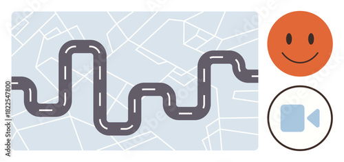 Curved road on map layout, orange happy and blue video icons symbolizing navigation, emotions, and multimedia. Ideal for journey, maps, travel, connection, positivity technology communication