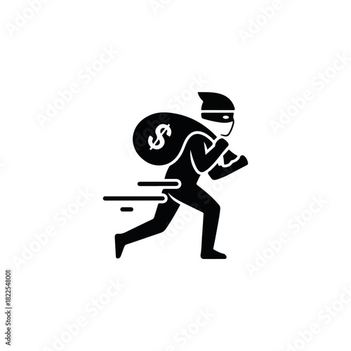 Thief runs swiftly, a robber carrying money bag marked with dollar sign. Thief sprints urgently in escape, seeking anonymity after crime. Conceptual image of thief for articles about theft,
