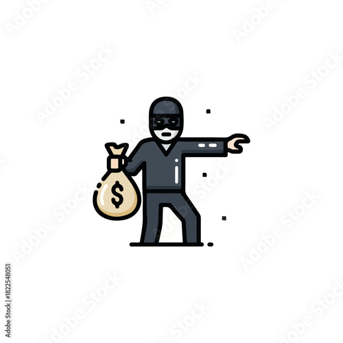 Thief with money bag. Burglar icon is carrying a bag, financial crime, and stealing funds. Burglar icon for business risks, bad investments, and financial loss for companies.