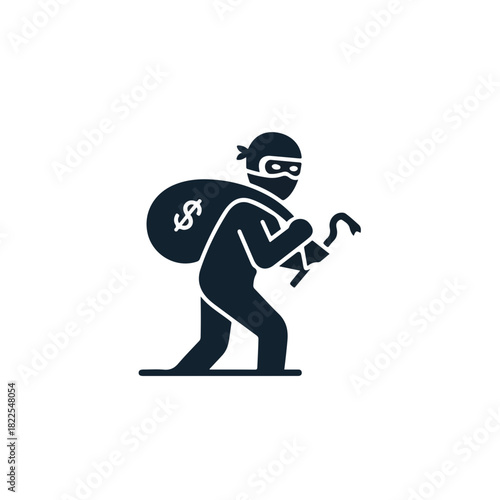 Depicting a thief holding crowbar carrying bag with dollar sign, this thief is wearing black mask. Scene illustrating thief with bag over shoulder for safety and security awareness,