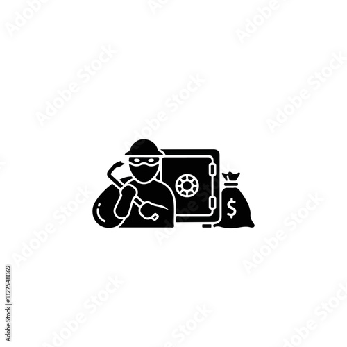 Black and white burglary icon showcases crime with thief character, as masked burglar holds crowbar near unlocked safe and money bag. Burglary symbol reveals dark side of security breach.