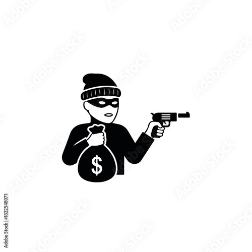 Bandit with gun holds money bag in monochromatic design. Bandit displays criminal intent holding money bag with dollar sign, emphasizing danger and tension.