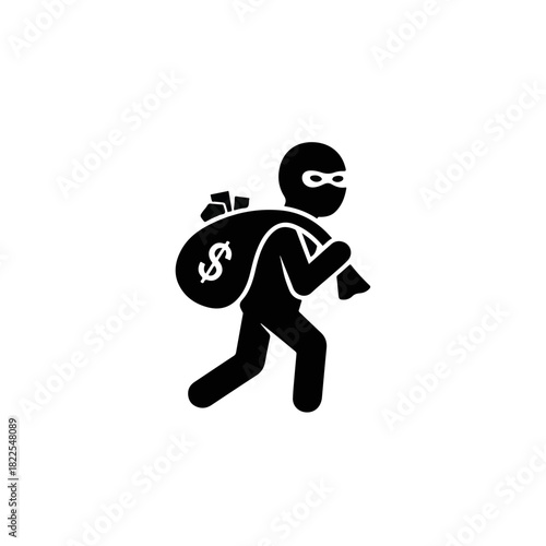 Thief stealing money in bag depicted in black silhouette. Thief running away with loot, a symbol of illegal activity and crime, the thief on run signifies loss and risk.
