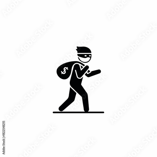 Thief with money running, stealing cash and valuables, thief escapes with loot. Thief running and stealing, criminal on the run. Symbolizing illicit action,
