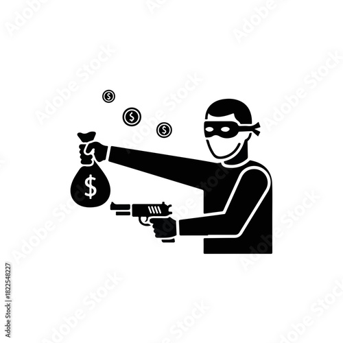 Thief with money bag, icon portraying robbery and crime in simplistic design. Thief holding money bag shows illegal activity. Use this design showing thief with money bag for awareness.