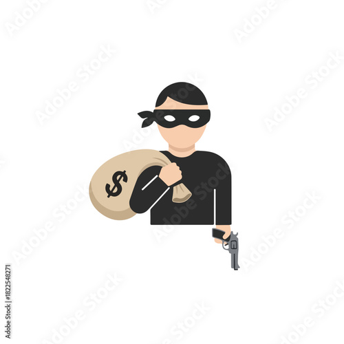 Illustration of crime on white, showing a masked thief holding bag of money and weapon. Crime depicted with cartoon robber carrying sack with dollar sign, ready to commit robbery,