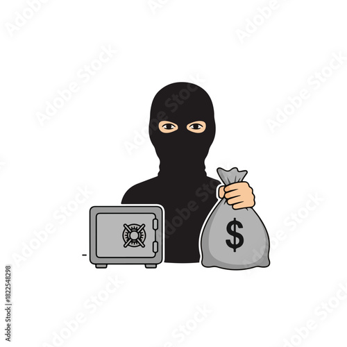 Isolated bank robbery concept with masked thief, bank safe and moneybag. Bank robbery scene shows criminal holding bag full of dollars near steel safe.