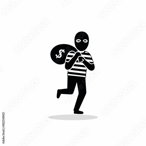 Thief running with money bag isolated on white background, criminal illustration. Thief symbol, burglar stealing money in funny scene with striped shirt and black mask.
