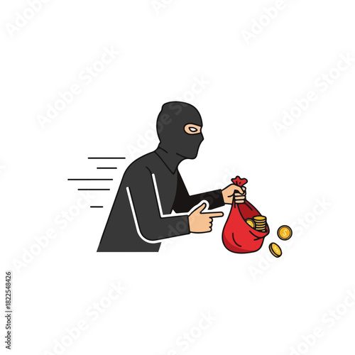 Thief with money bag. Thief escaping with a money bag full of cash, running away with loot, pointing as if caught in the act. Evoking a sense of crime,