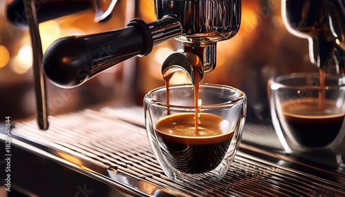 a close up shot of a barista making espresso with rich coffee streaming from a professional espresso machine into a clear glass cup