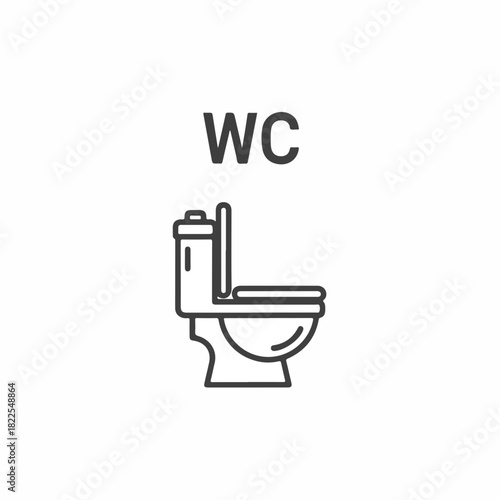 WC sign, simple line drawing of toilet with cistern and seat. WC symbol offers simple wayfinding in public spaces. Minimalist WC icon for commercial or institutional bathroom signage.