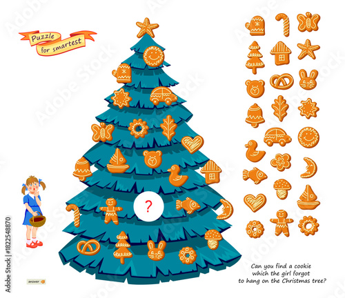 Can you find a cookie which the girl forgot to hang on the tree? Logic puzzle for children and adults. Educational game. Page for brain teaser book. Task for attentiveness. Hand drawn vector image