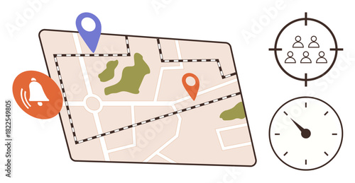 Map with location pins, user targeting icon, clock, and alert notification. Ideal for navigation, planning, tracking, scheduling user engagement geolocation and time-sensitive tasks. Simple flat