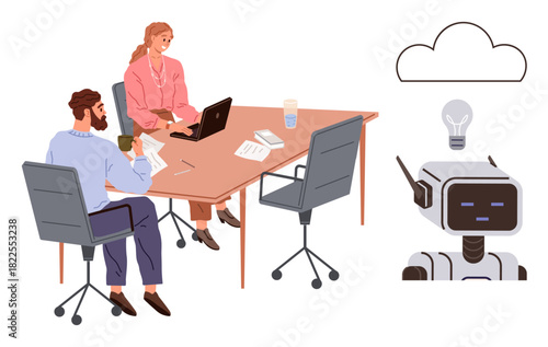 Team members brainstorming at a table with documents and a laptop, AI robot illustration, cloud and light bulb. Ideal for innovation, AI, teamwork, brainstorming, creativity, modernity