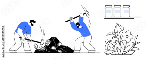 Two workers breaking rocks with tools, jars neatly arranged on a shelf, vibrant flowers representing growth. Ideal for labor, resource extraction, productivity, preservation, nature, sustainability