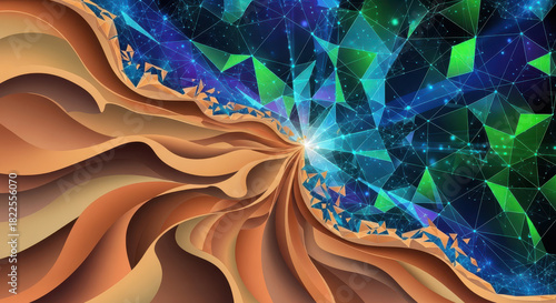 Dynamic abstract fusion of organic textures meeting vibrant digital networks, perfect for modern technology or creative design projects with a futuristic edge