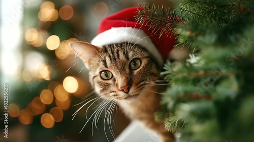 Cat wearing Santa hat beside Christmas tree cat face visible but emphasis on scene pet holiday festive cat Christmas pet holiday animal cute kitten xmas costume cat and