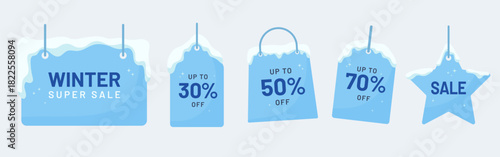 Frosty winter sale tags with snowy designs and bold discount percentages. Perfect for seasonal promotions, marketing banners, online shops, and holiday advertising materials.