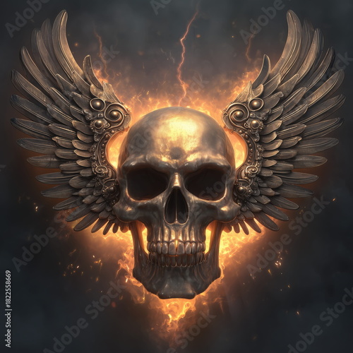Wall Art Epic Golden Biker Skull with Thunder Lightning Wings and Fire Explosions Background