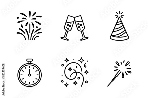 New year celebration icons in a simple doodle style