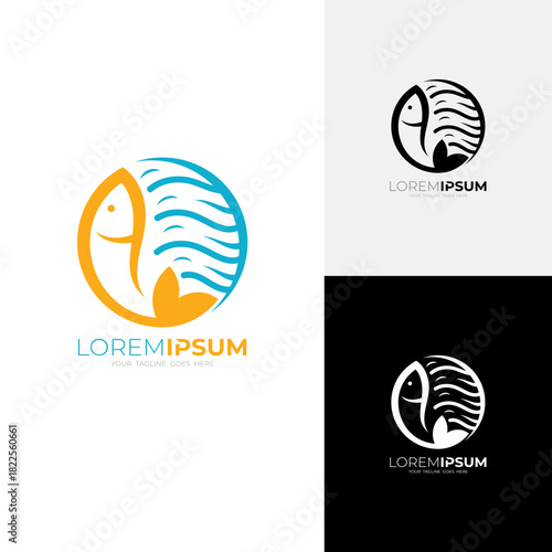 Marine life logo template, fish and water wave design combination