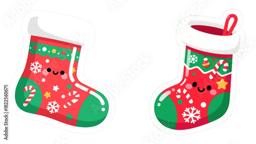 Festive Christmas Stocking with Holiday Patterns in Cute Glossy Decorative Illustration Style isolated transparent background, editable vector artwork ai illustration file,