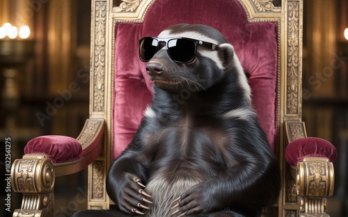 portrait of a honey badger Wearing Sunglasses, sitting proudly on Forest throne chair, funny visual