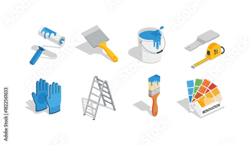 Essential tools for home renovation and painting in isometric design