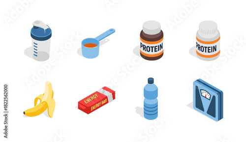 Isometric fitness icons: protein, energy snacks, hydration, and scale essentials