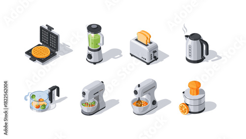 Isometric kitchen appliance icons: modern waffle maker, blender, toaster, and more