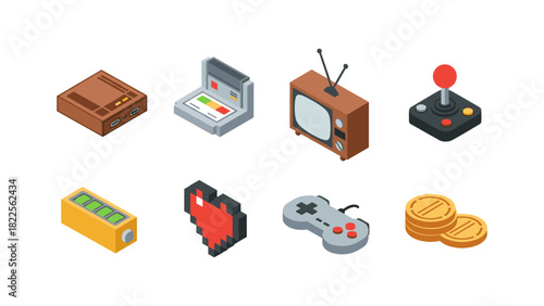 Retro gaming icons set featuring consoles, controllers, and classic television