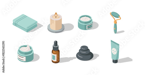 Isometric beauty essentials with skincare products and candle on white background