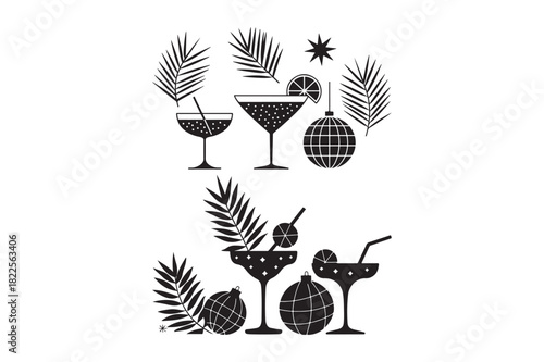 Tropical cocktails and palm leaves illustration