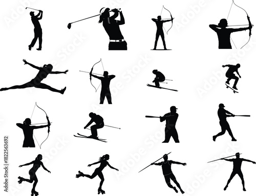 Collection of sport silhouettes golf archery skiing skateboarding and gymnastics