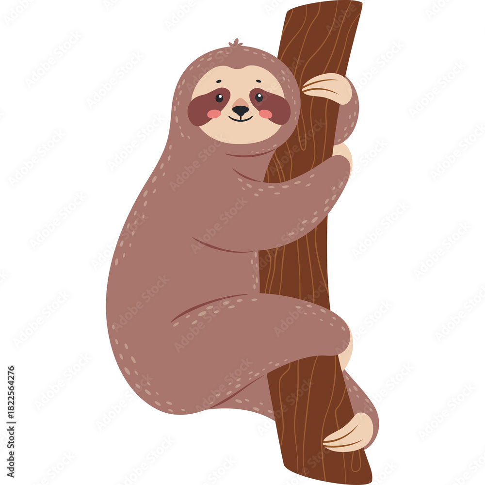 Fototapeta premium Cute Cartoon Sloth Hanging On A Tree Trunk With Pink Cheeks And Brown Fur Against A White Isolated Background
