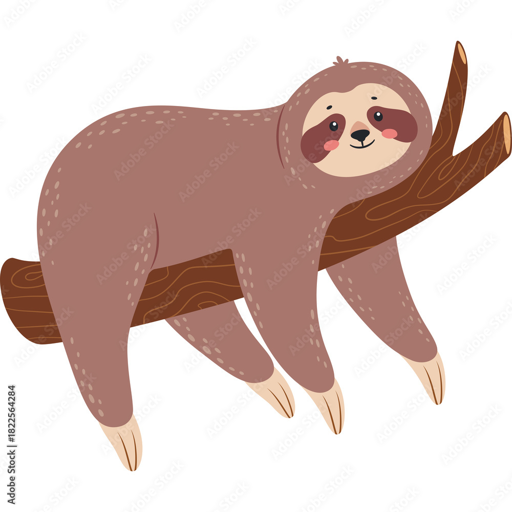 Naklejka premium Cute Cartoon Sloth Hanging From Tree Branch With Transparent Background Adorable Animal Illustration Simple Vector Art