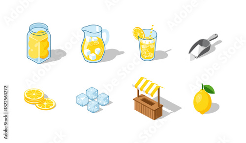 Refreshing lemonade stand with fresh lemon slices and ice cubes in isometric style