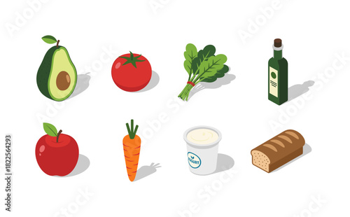 Fresh food icons: isometric avocado, tomato, vegetables, and essentials