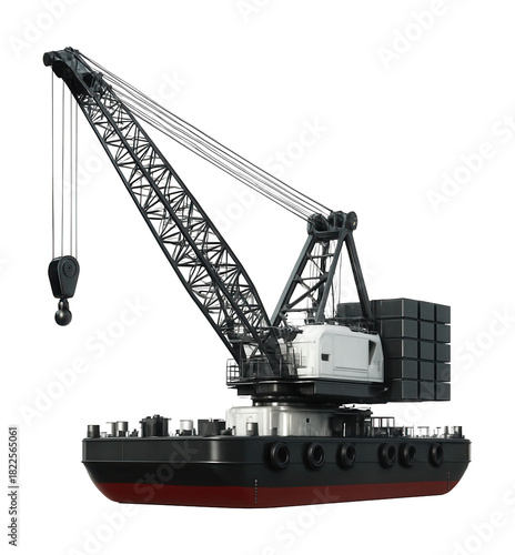 Lattice boom floating crane barge with counterweight system.