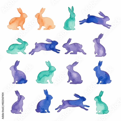 Big collection of watercolor rabbit silhouettes, EPS version.