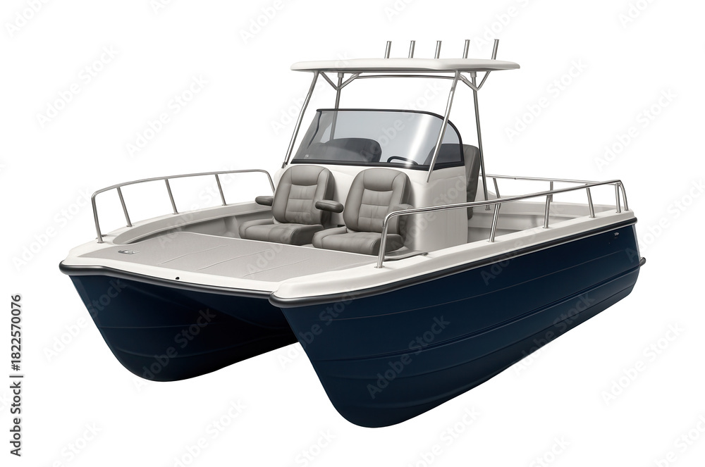 Naklejka premium Twin-hulled fishing catamaran with a roomy deck space.