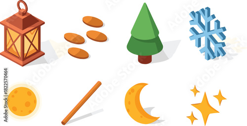 Isometric Icon Set Lantern, Seeds, Pine Tree, Snowflake, Sun, Wand, Moon, Stars - Diverse Design