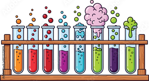 Whimsical cartoon illustration of a chemistry set with a rack of test tubes bubbling over with colorful, fizzy chemical reactions