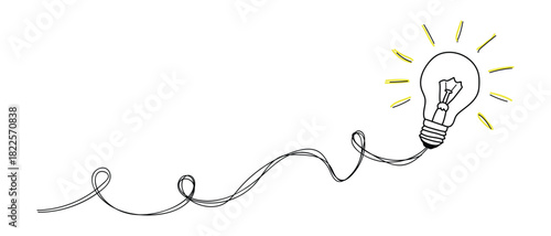 Hand drawn sketch of a glowing light bulb connected by a wire representing an idea