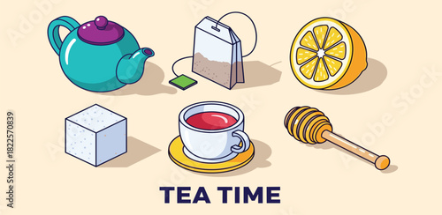 Isometric Tea Time Delicious Tea Elements and Beverages, Perfect for Tea Lovers and Drink Enthusiasts
