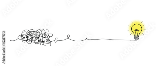 Illustration of a tangled messy line leading to a bright glowing light bulb idea