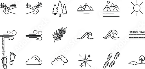 Set of minimalist line icons depicting various nature, landscape, and weather elements for outdoor travel and hiking concepts