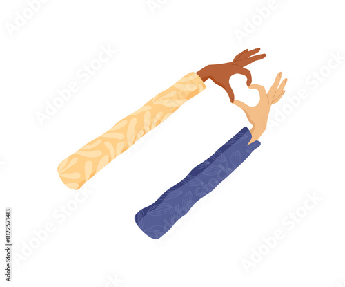 Colorful diverse hands form a heart. Two arms symbolize love, support, and solidarity. Unity, community, and multicultural connection theme in flat abstract style, ideal for social concepts.